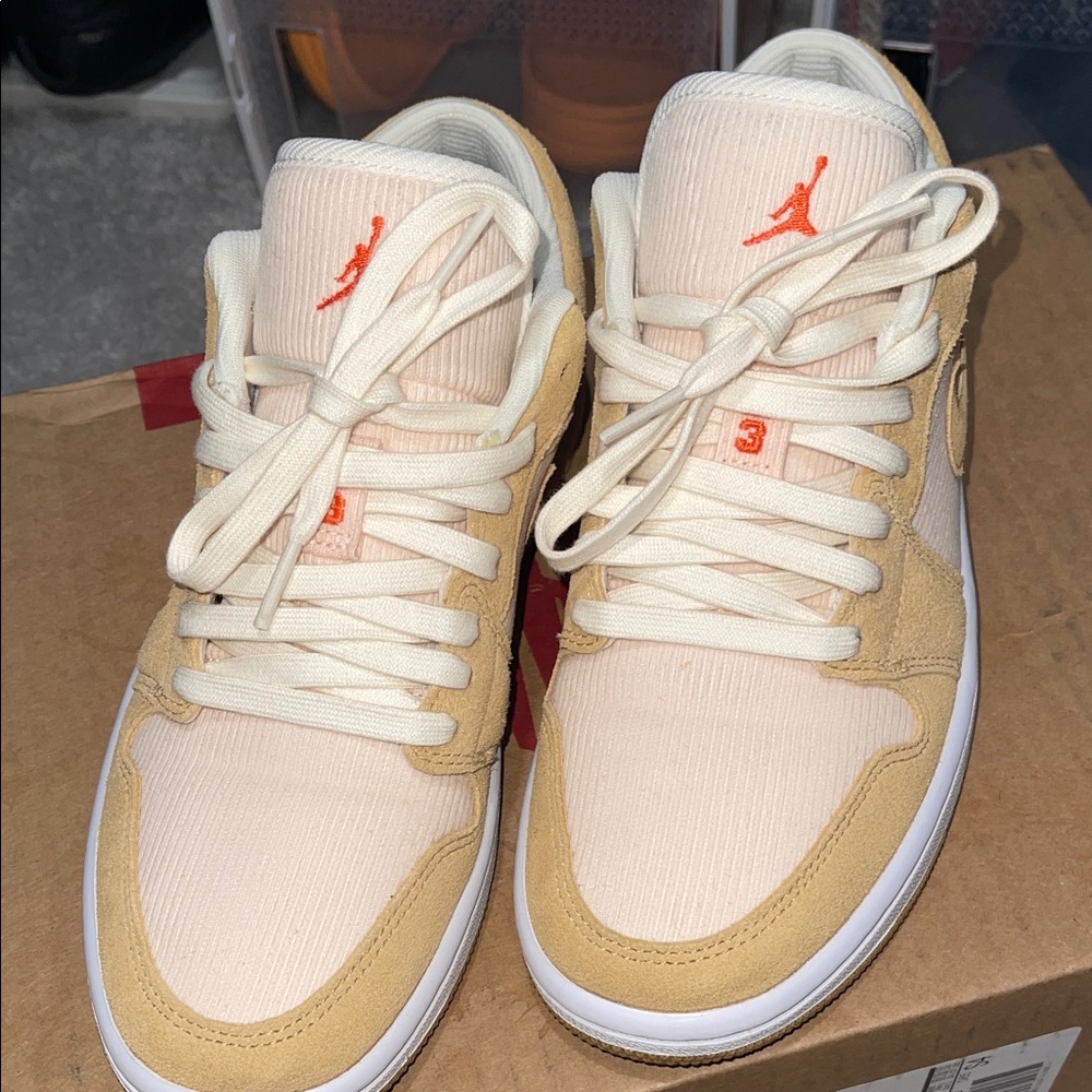 Jordan Women's Sneakers in Cream, Tan & Orange Accents